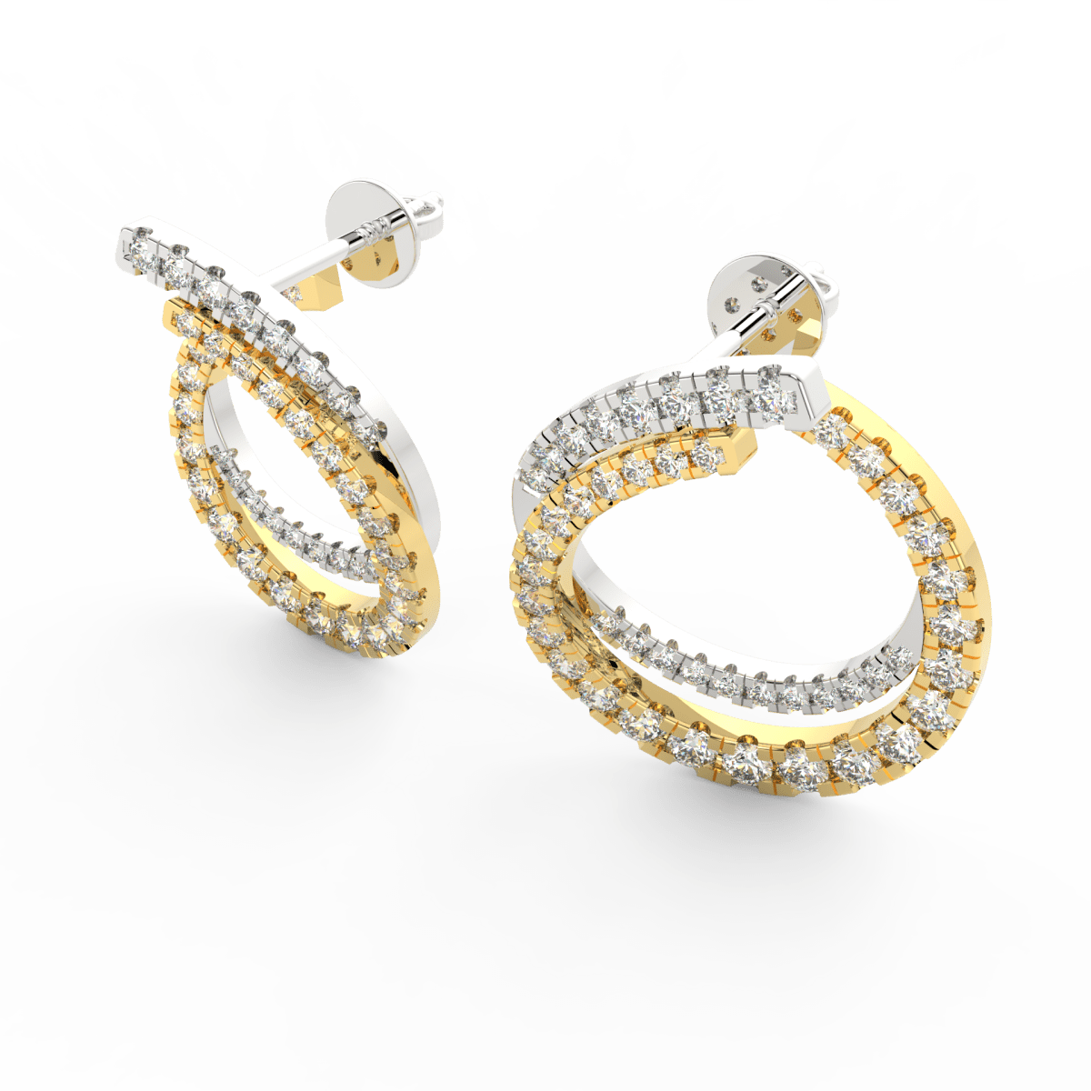 Angled view of yellow gold Elysia twist earrings with graceful flowing form and sparkling lab grown diamonds.
