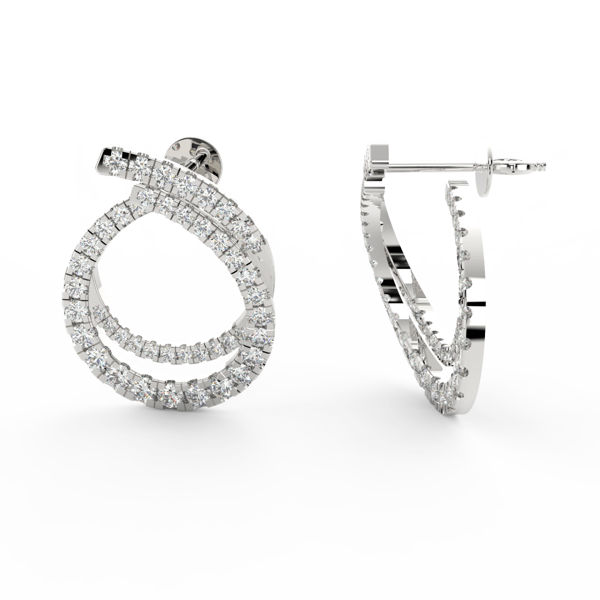 Side profile of white gold twisted earrings with push-back clasp and lab grown diamonds enhancing elegant curves.

