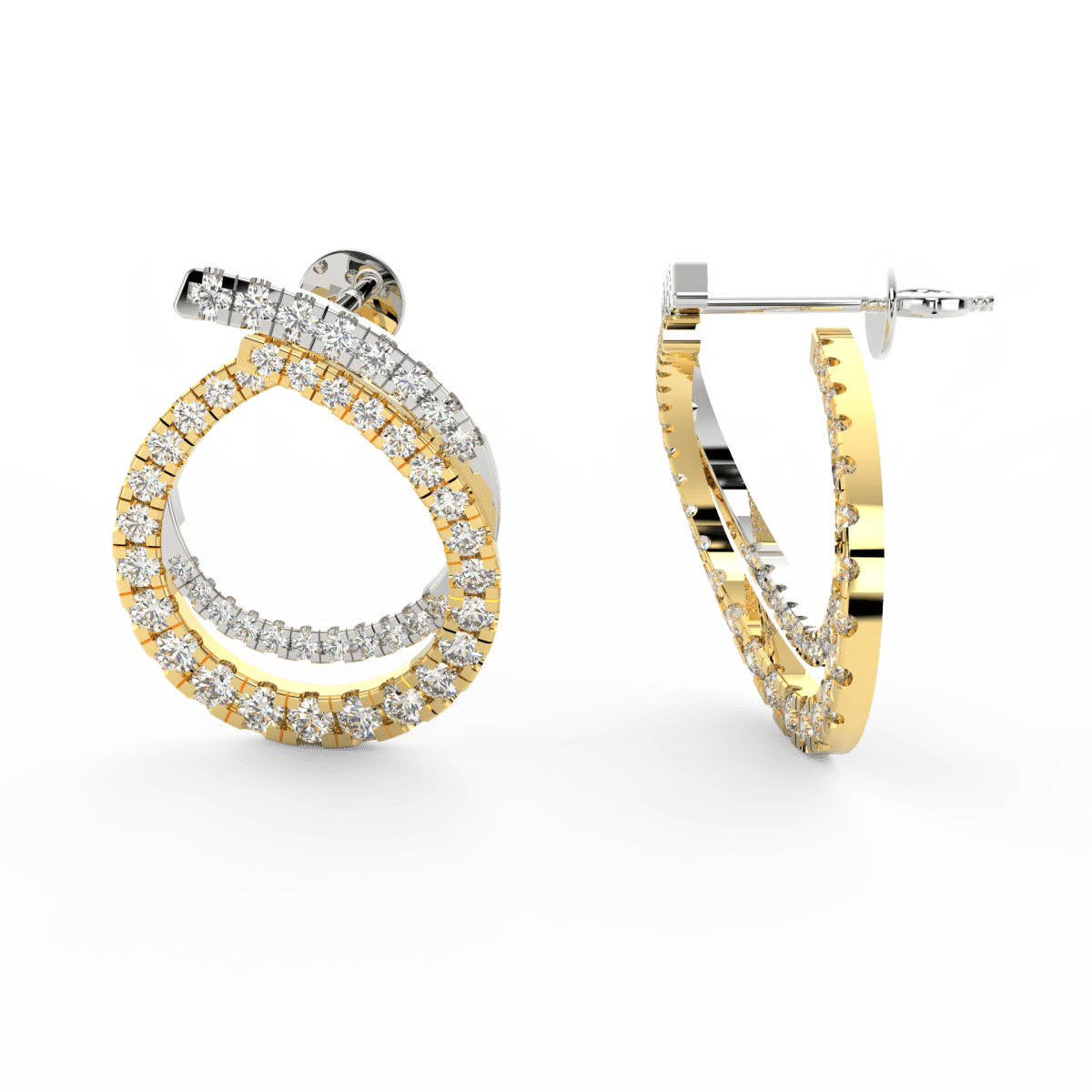 Side profile of yellow gold twist earrings showcasing curved silhouette and secure push-back clasp with lab grown diamonds.

