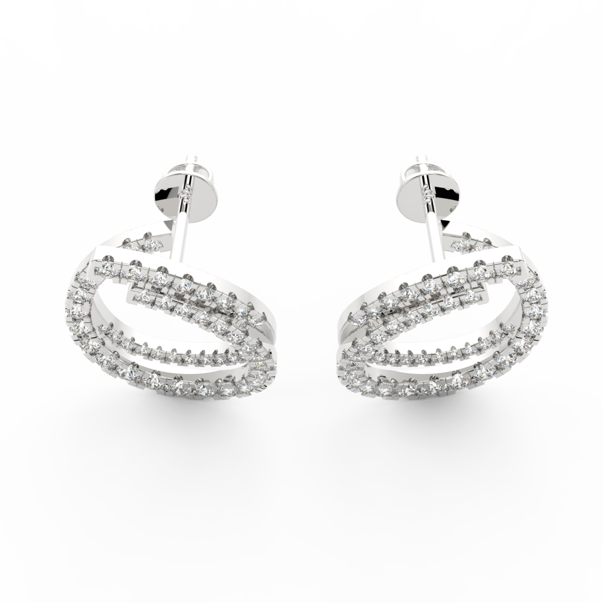 Top view of white gold twist earrings featuring flowing design and carefully placed lab grown diamonds.
