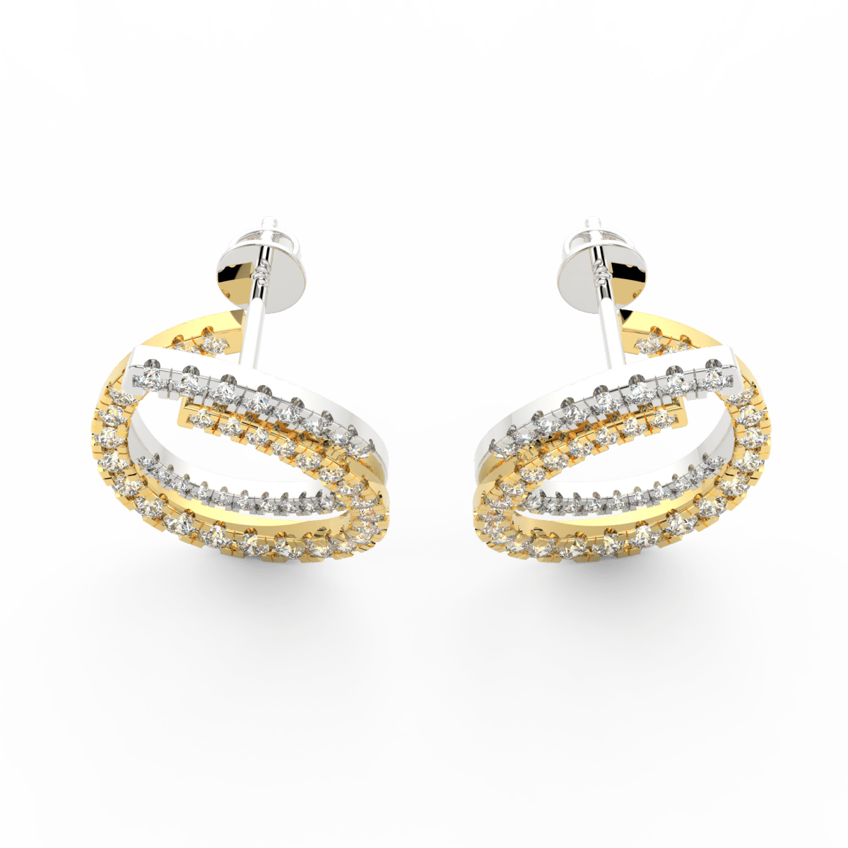 Top view of yellow gold earrings showing twisted design with lab grown diamonds aligned along smooth curves.
