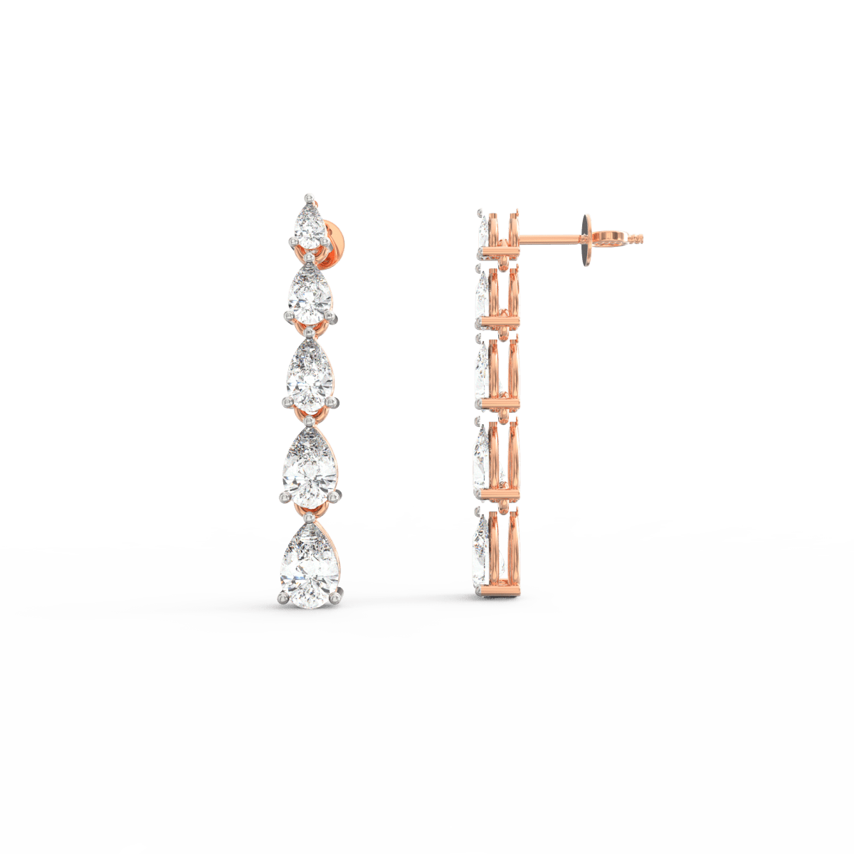 Side profile of rose gold earrings with hook closure and lightweight curved drop structure.
