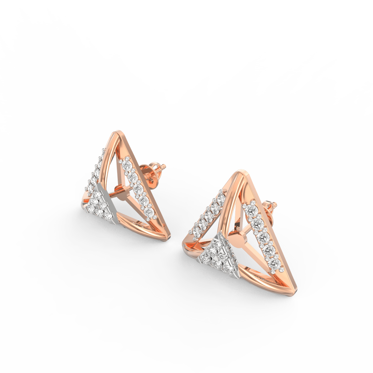 Angled view of rose gold diamond earrings showcasing minimalist round design with subtle sparkle.
