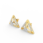 Angled view of yellow gold diamond studs with polished round setting and soft shimmering brilliance.
