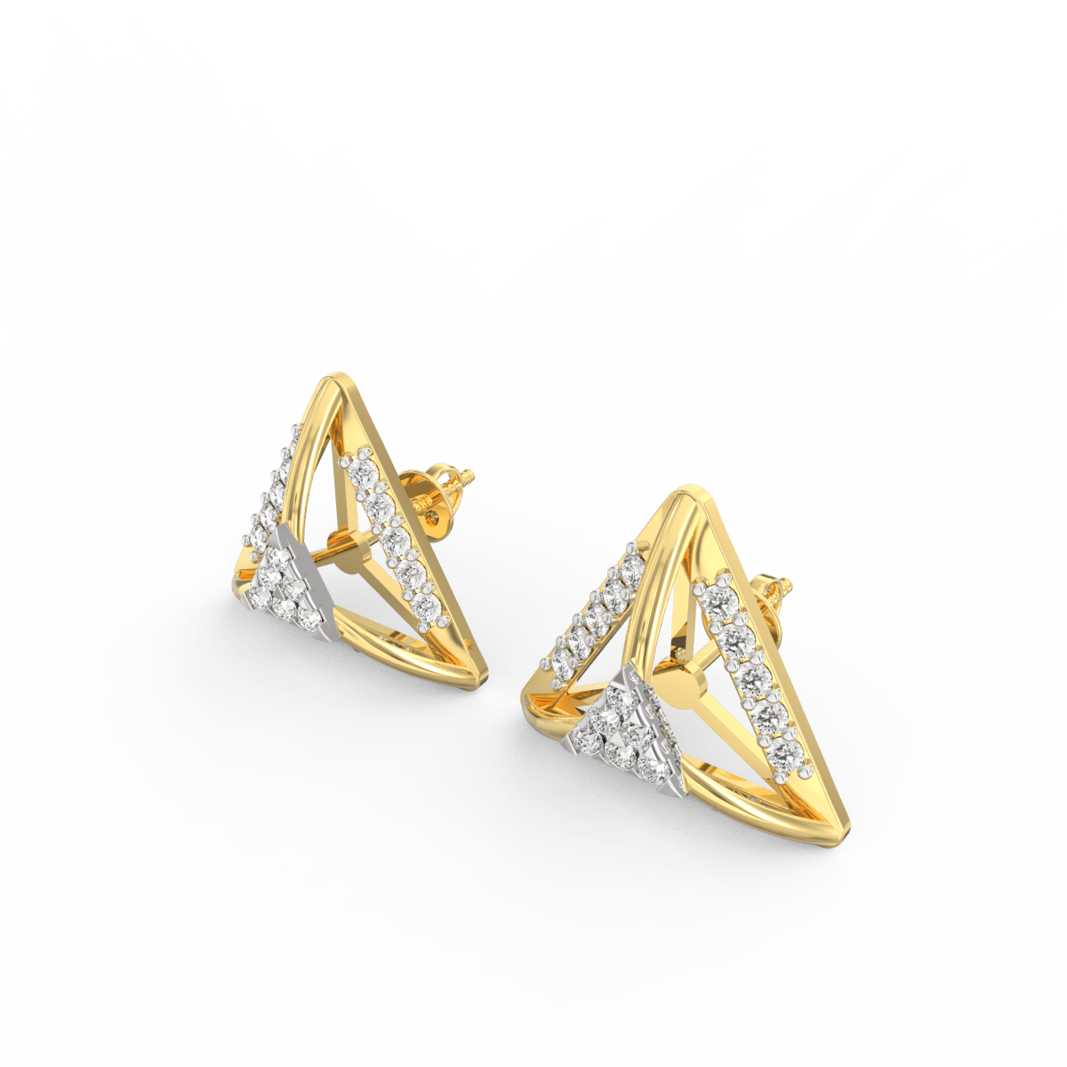 Angled view of yellow gold diamond studs with polished round setting and soft shimmering brilliance.
