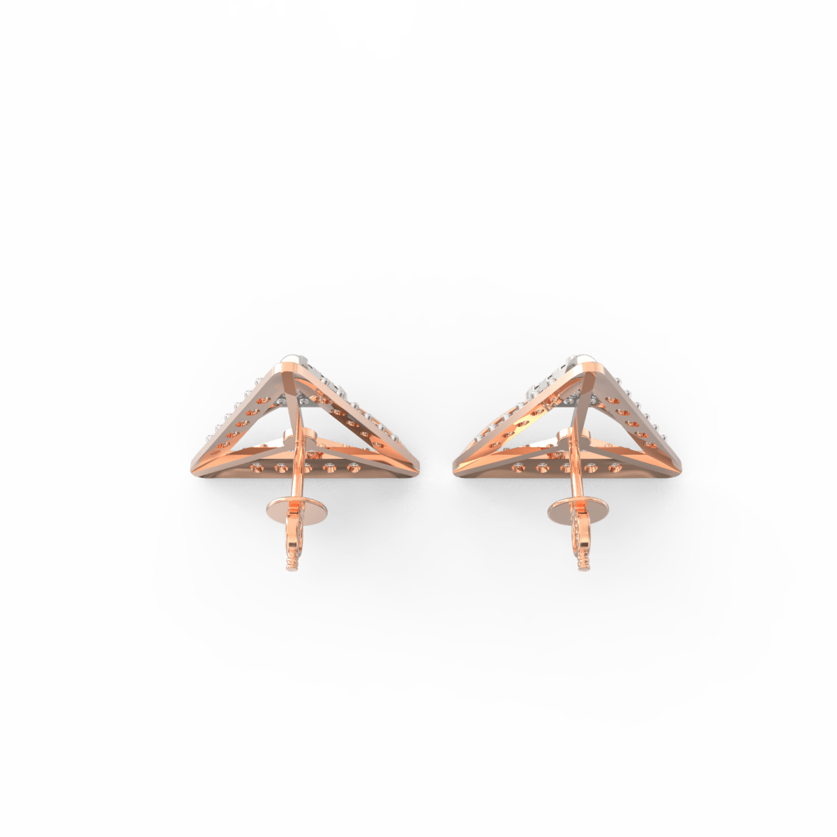 Top view of rose gold earrings with softly shimmering lab grown diamond centerpiece.
