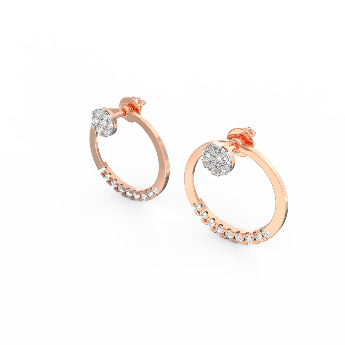 Angled close-up of rose gold diamond studs showcasing graceful sparkle and minimalist design.
