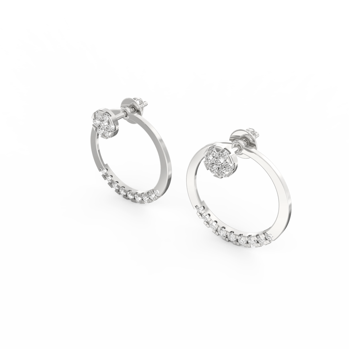Angled view of white gold diamond studs showing brilliant lab grown diamonds in polished bezel.
