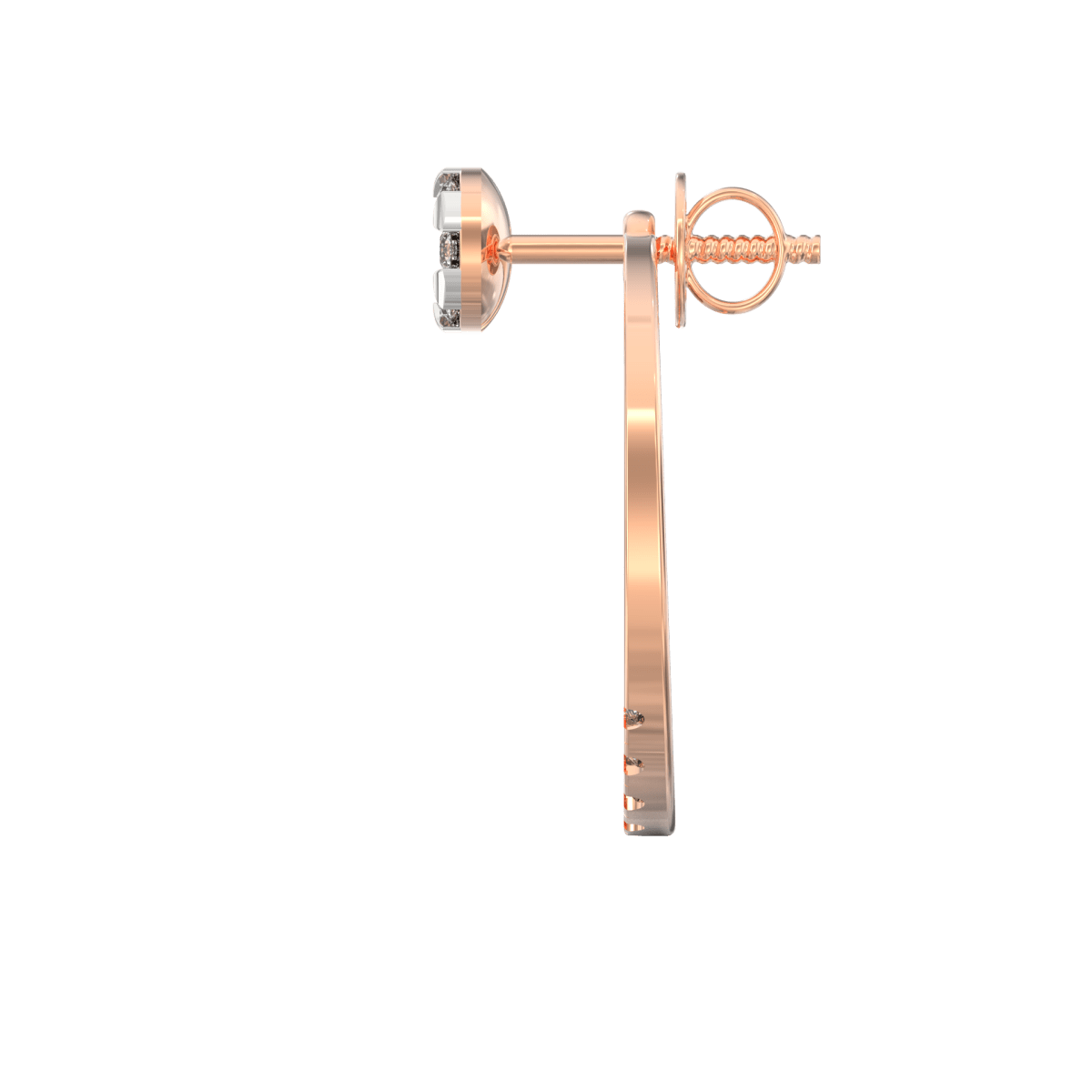 Side view of rose gold round earrings with secure push-back clasp and elegant shimmer.
