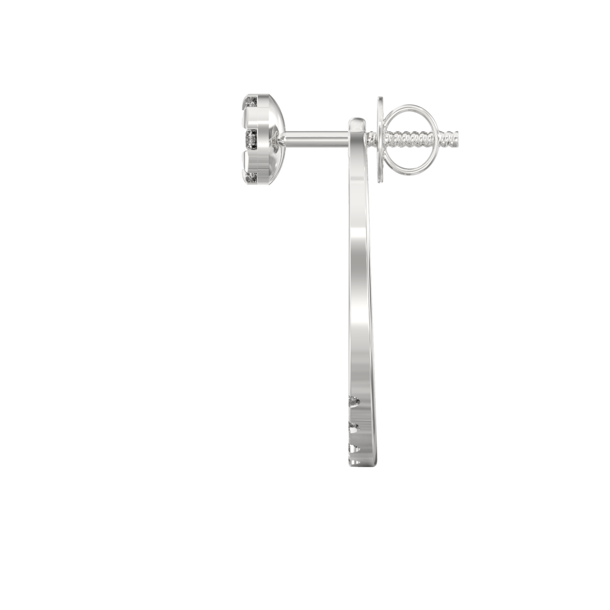 Side profile of white gold earrings with push-back clasp and soft shimmering finish.
