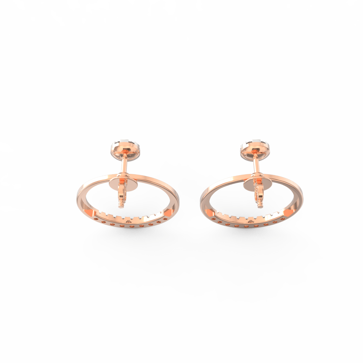 Top view of rose gold earrings featuring centered lab grown diamonds with smooth round bezel setting.
