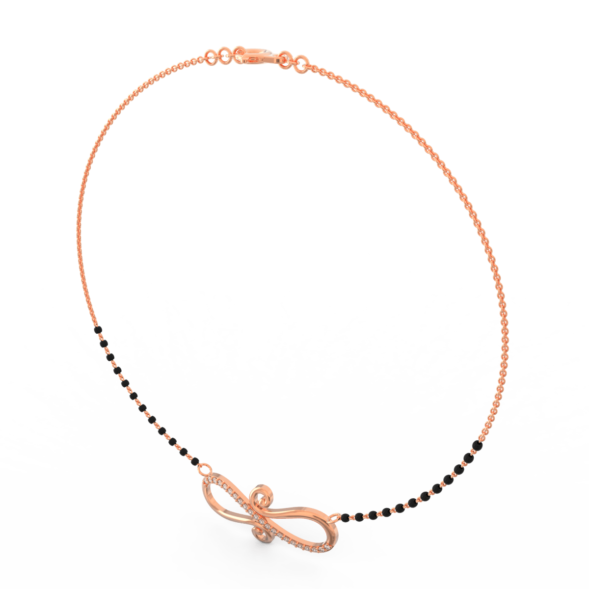 Angled view of rose gold mangalsutra featuring lab grown diamond infinity motif and delicate beaded chain.

