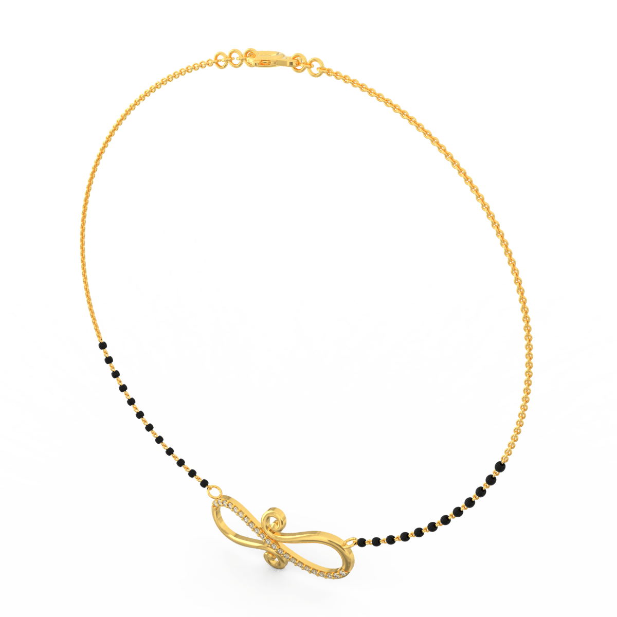 Angled view of yellow gold Eternal Infinity mangalsutra showcasing lab grown diamonds and smooth infinity silhouette.

