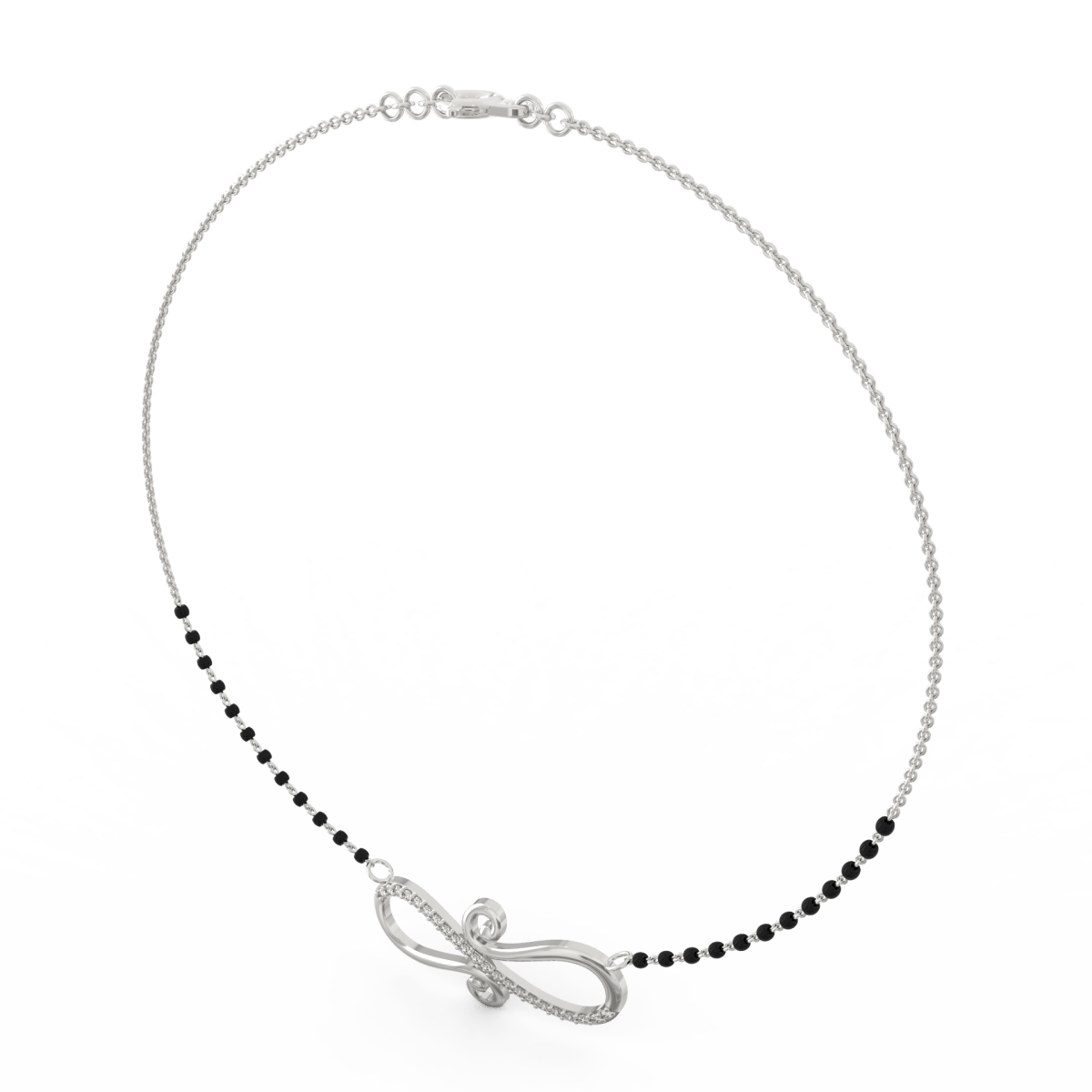 Side profile of white gold infinity mangalsutra featuring curved silhouette, lab grown diamonds, and secure clasp.
