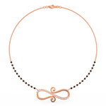Top view of rose gold infinity mangalsutra with lab grown diamonds set along flowing silhouette.
