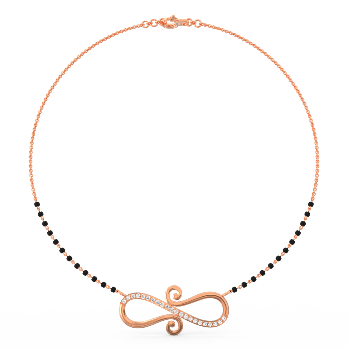 Top view of rose gold infinity mangalsutra with lab grown diamonds set along flowing silhouette.
