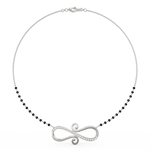 Top view of white gold mangalsutra highlighting elegant infinity curve with lab grown diamond placement.
