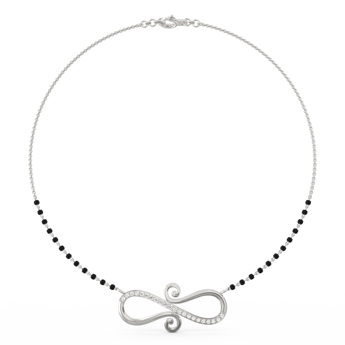 Top view of white gold mangalsutra highlighting elegant infinity curve with lab grown diamond placement.
