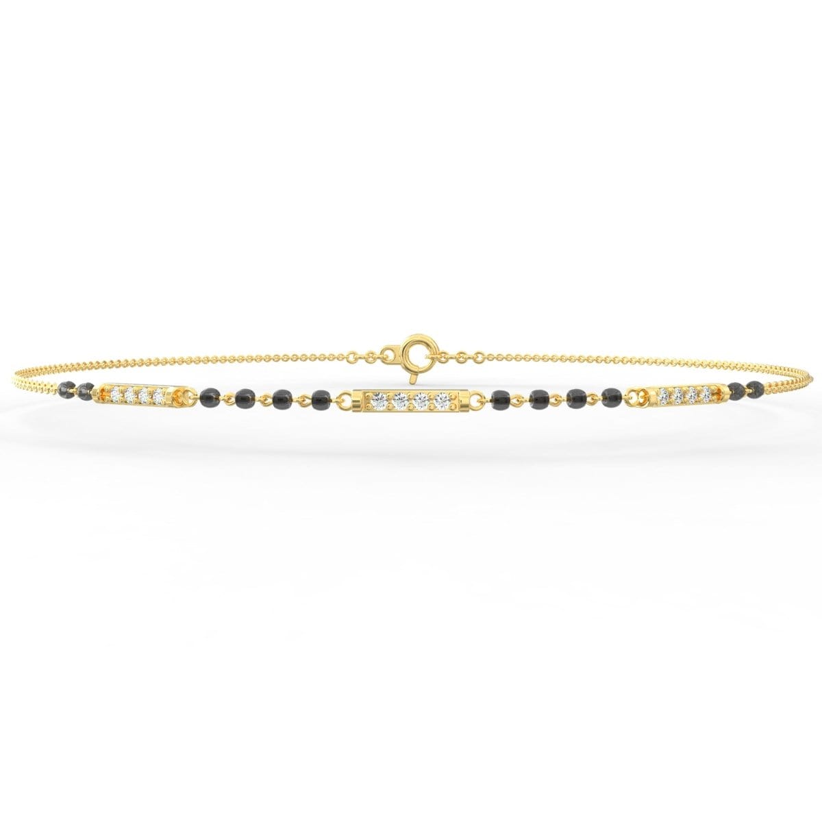 Angled view of yellow gold Eternal Noir mangalsutra bracelet showcasing polished lab grown diamond setting and bead design.

