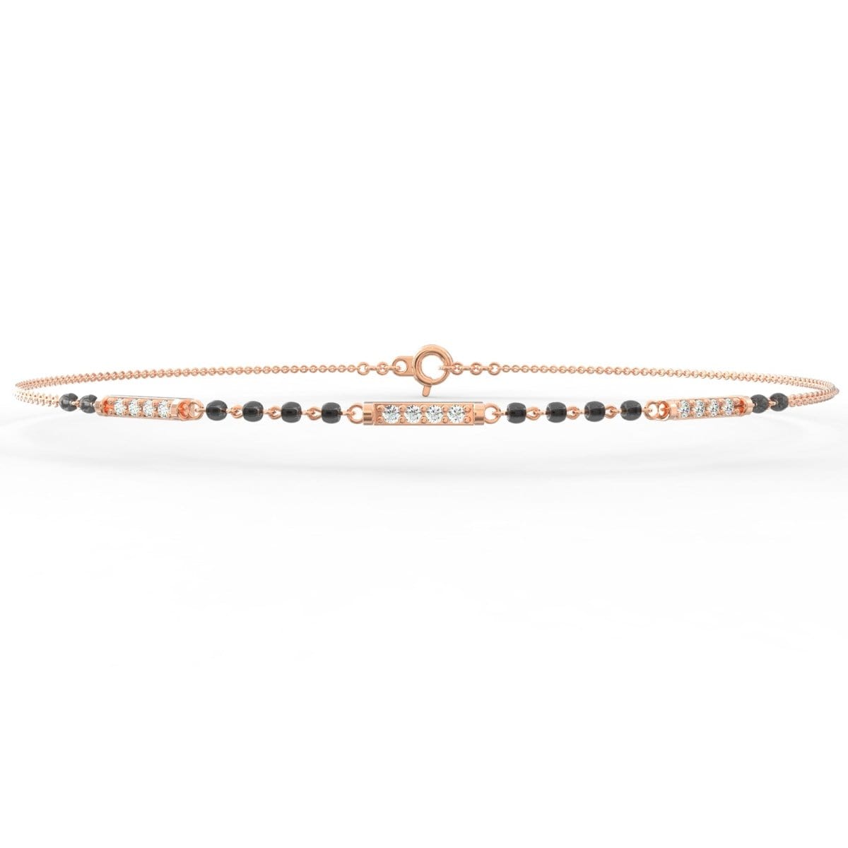 Side profile of rose gold mangalsutra bracelet featuring lab grown diamonds and rose gold finish with secure clasp.
