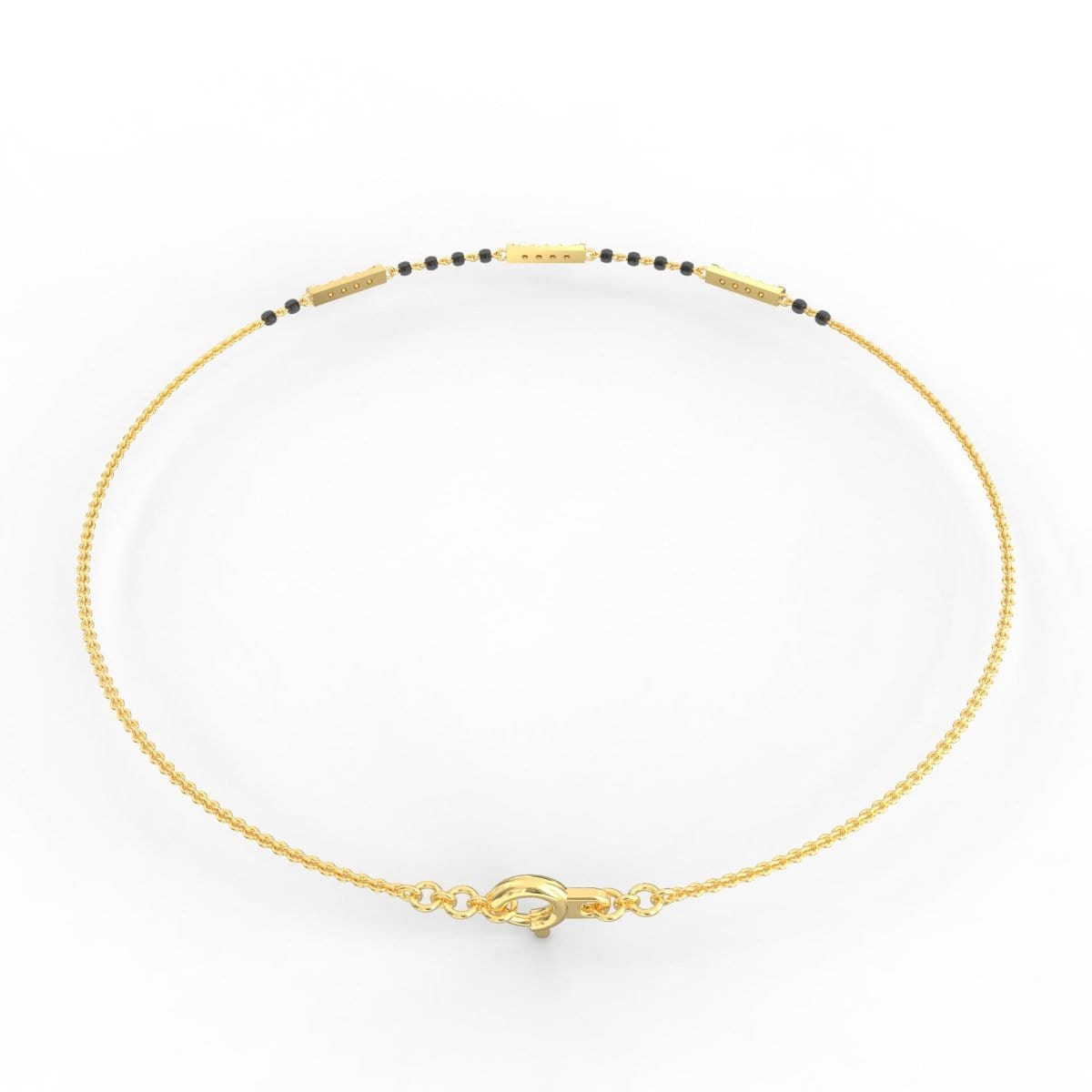 Side profile of yellow gold mangalsutra bracelet featuring lab grown diamonds, BIS Hallmarked gold, and secure clasp.
