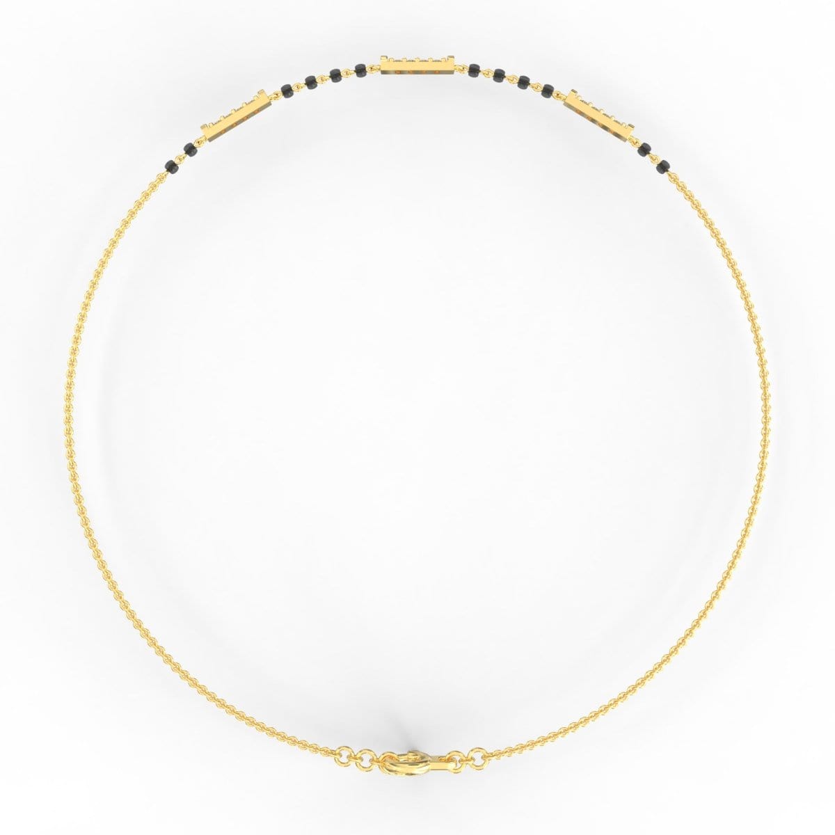 Top view of yellow gold Eternal Noir mangalsutra bracelet with sparkling lab grown diamonds and minimal black beads.
