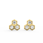 Front view of Eternal Romance yellow gold diamond earrings with polished round silhouette and lab grown diamonds.
