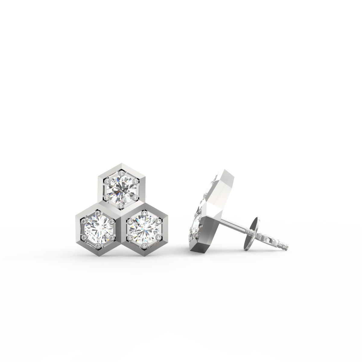 Side profile of white gold earrings with secure push-back clasp and polished round edge.
