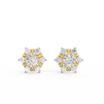 Front view of yellow gold solitaire earrings featuring lab grown diamonds in a classic round setting.
