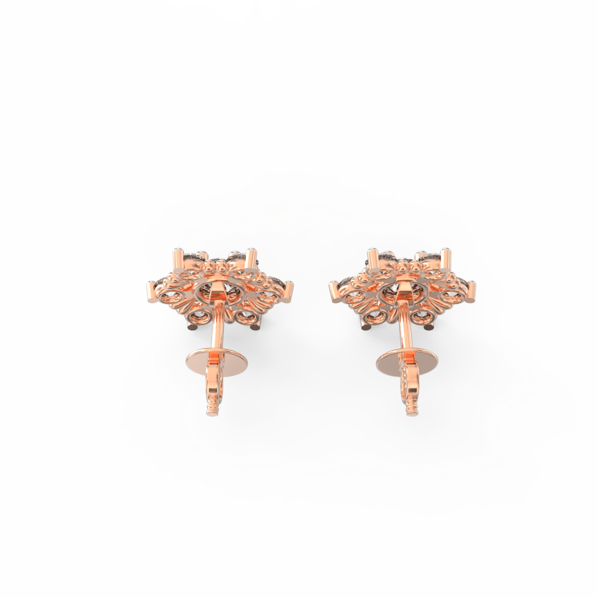 Top view of rose gold solitaire studs with centered lab grown diamonds, elegantly handcrafted.
