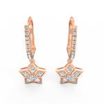 Angled view of rose gold diamond drop earrings highlighting polished finish and elegant curve.
