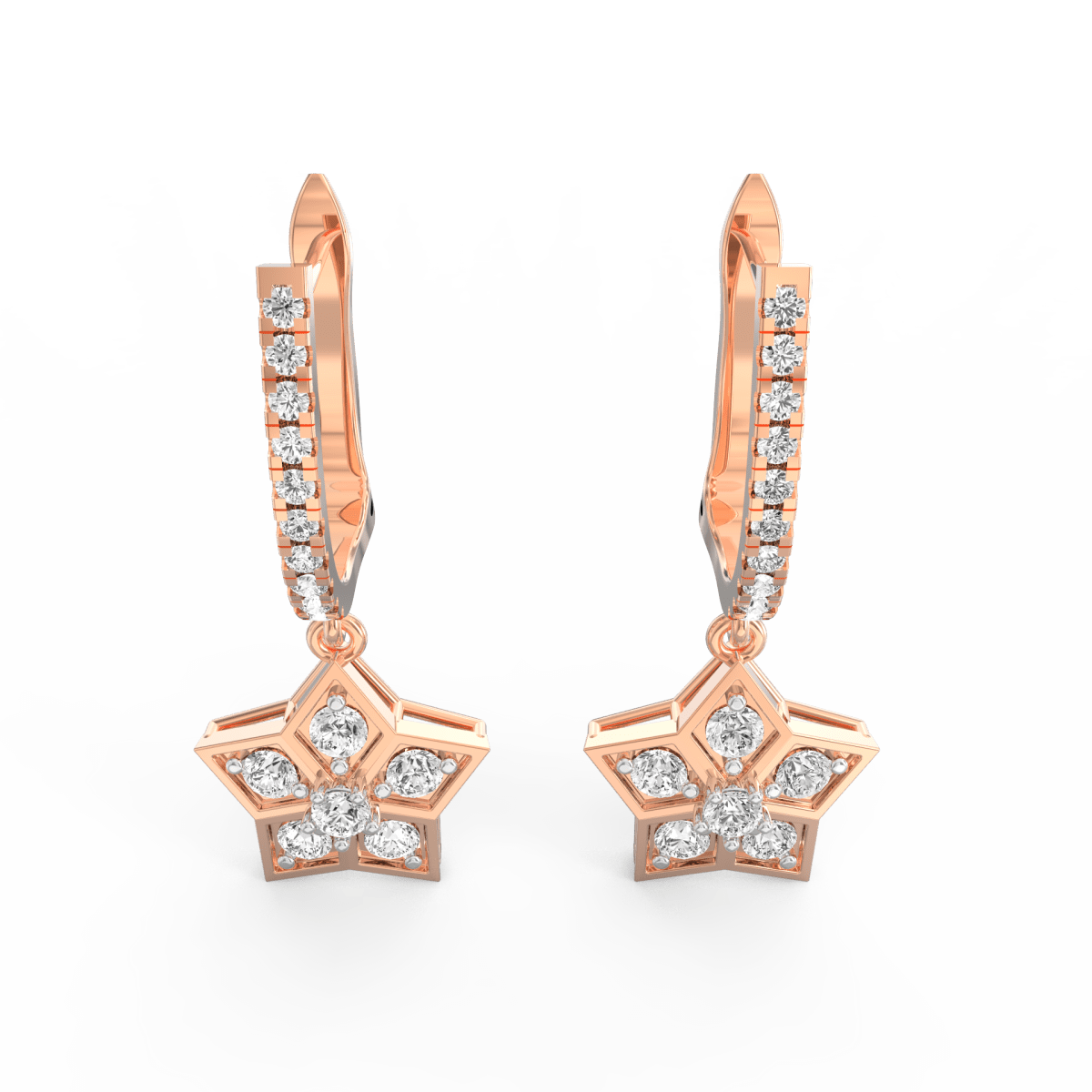 Angled view of rose gold diamond drop earrings highlighting polished finish and elegant curve.
