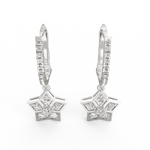 Angled view of white gold diamond drop earrings showcasing fluid design and brilliant sparkle.
