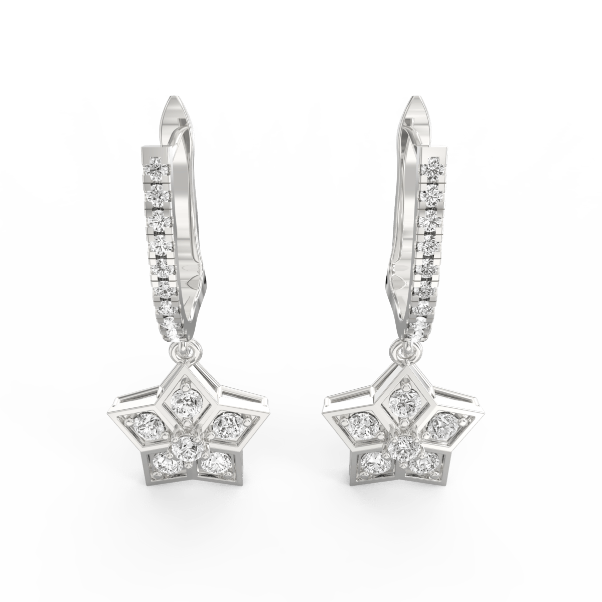 Angled view of white gold diamond drop earrings showcasing fluid design and brilliant sparkle.
