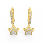 Angled close-up of yellow gold drop earrings with soft curved silhouette and brilliant lab grown diamonds.
