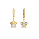 Front view of Ethereal Spark yellow gold diamond drop earrings featuring slender curved design with lab grown diamonds.
