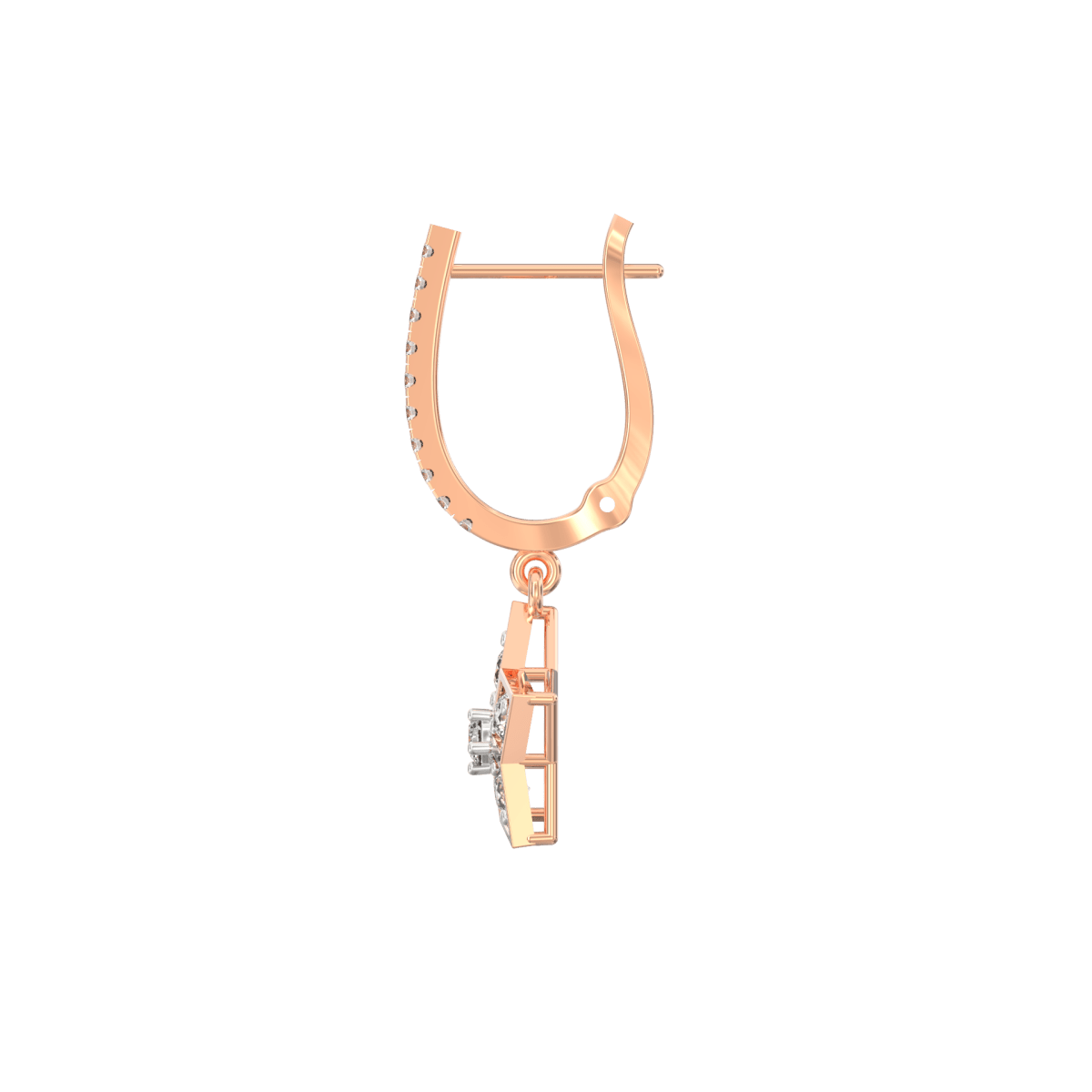 Side view of rose gold drop earrings with hook clasp and delicate lab grown diamond arrangement.
