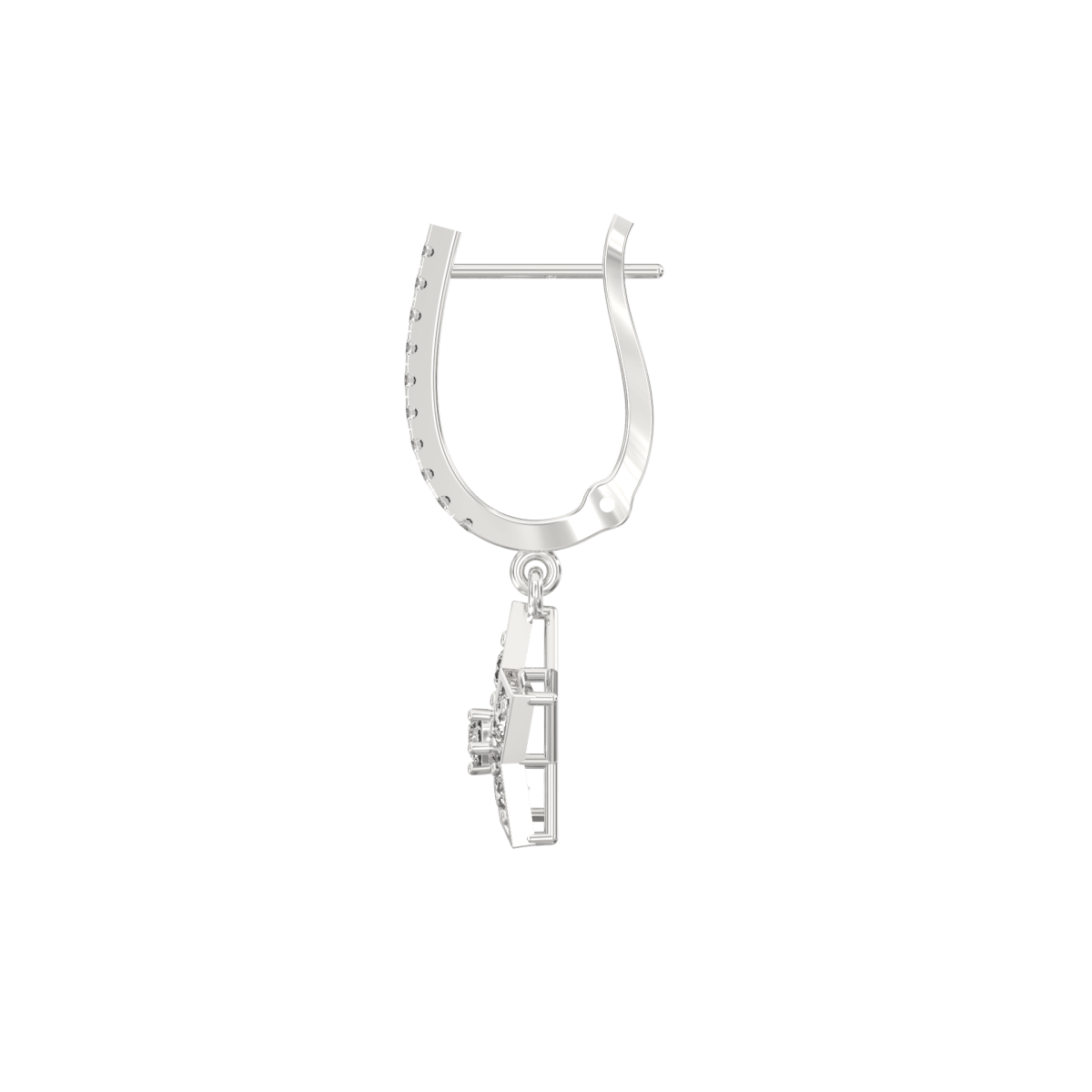 Side profile of white gold drop earrings with secure hook clasp and lightweight wearability.
