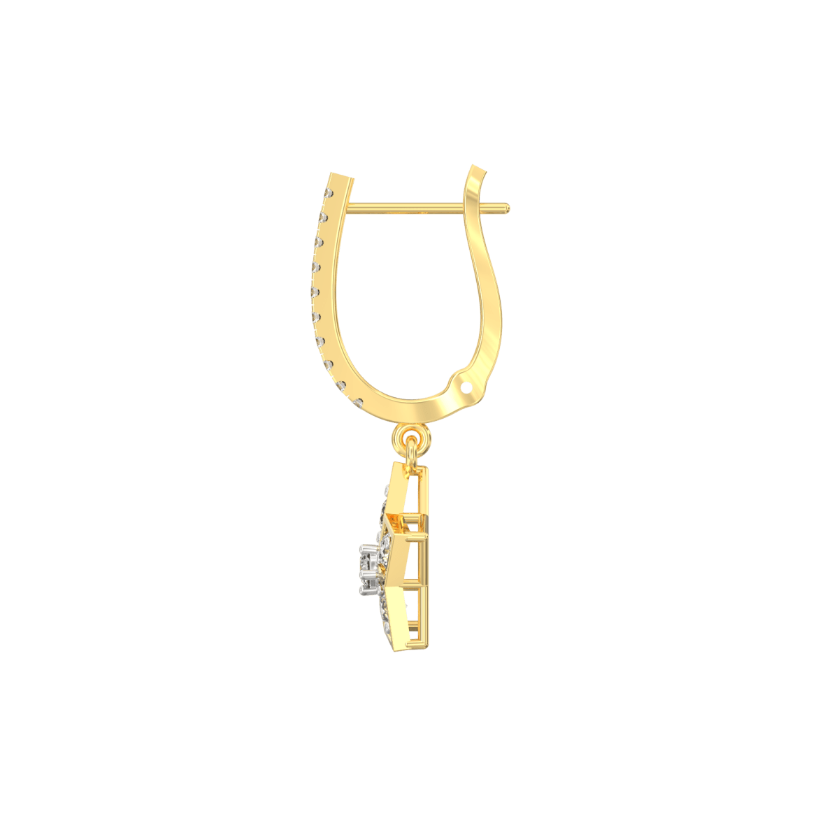 Side profile of yellow gold drop earrings with secure hook closure and fluid movement design.
