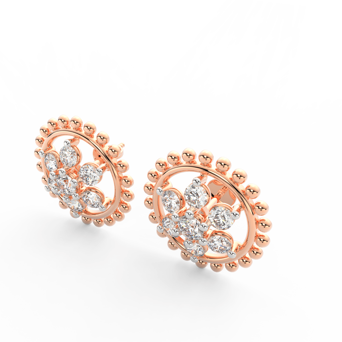 Angled view of rose gold floral diamond earrings featuring round lab grown diamonds and polished petal shape.

