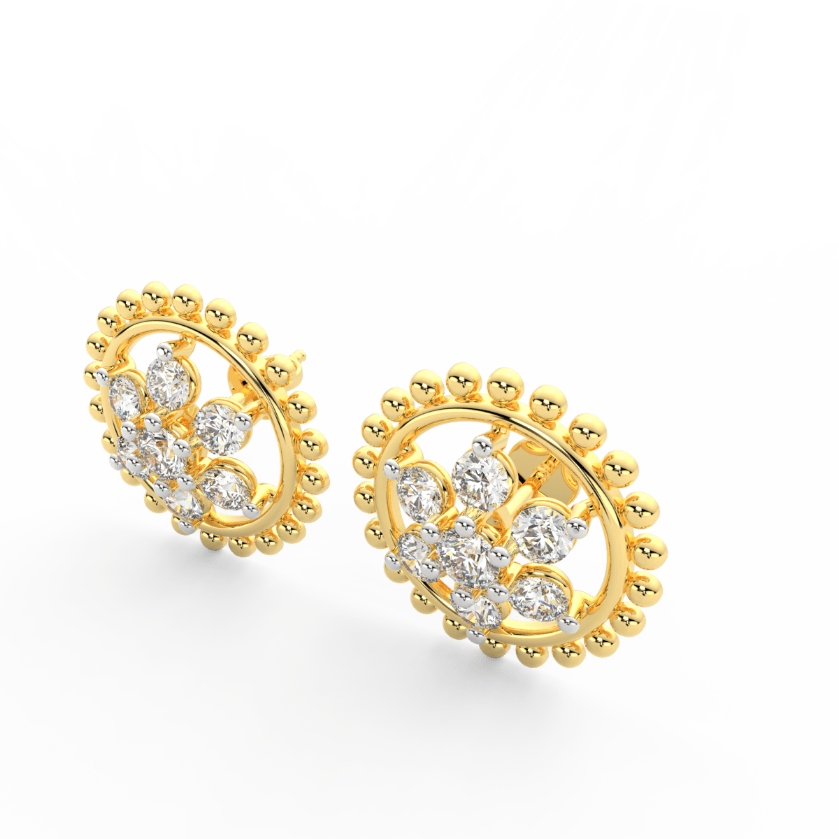Angled view of yellow gold bloom earrings with symmetrical round lab grown diamonds creating a delicate floral shape.
