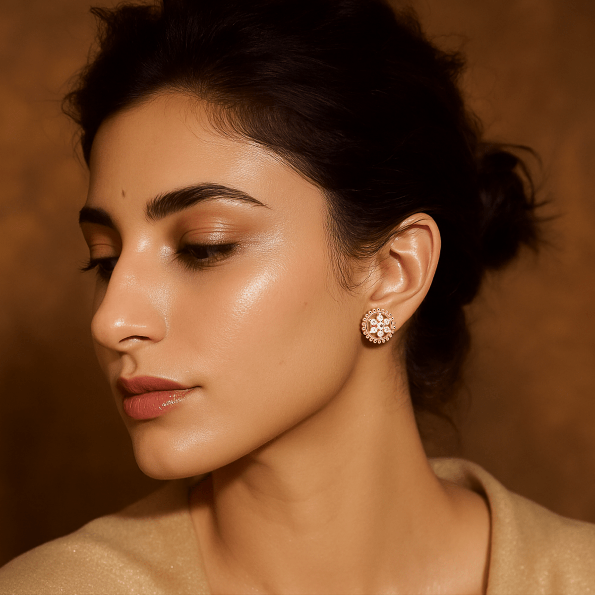 Model wearing Florina rose gold floral diamond studs styled for soft sparkle and feminine charm.

