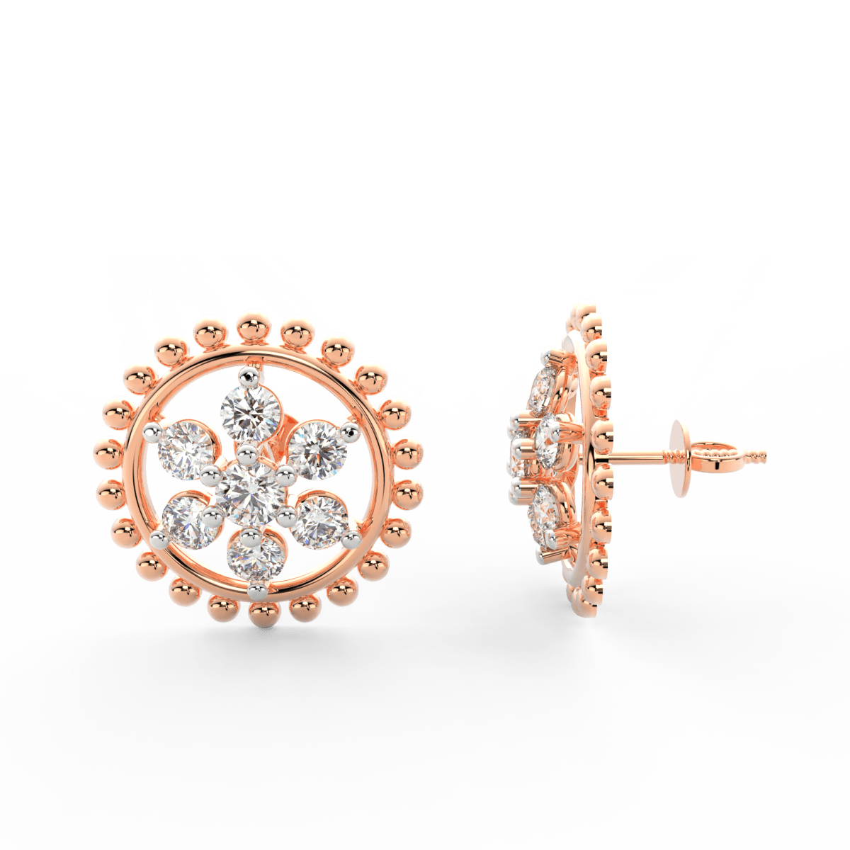 Side profile of rose gold bloom earrings with push-back clasp and lightweight floral design.
