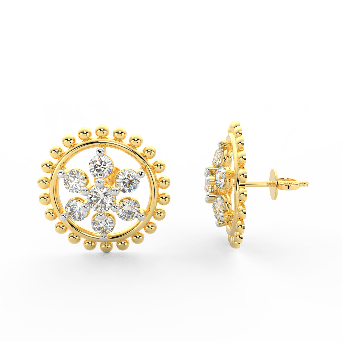 Side profile of yellow gold floral diamond earrings with push-back clasp and polished petal-inspired design.
