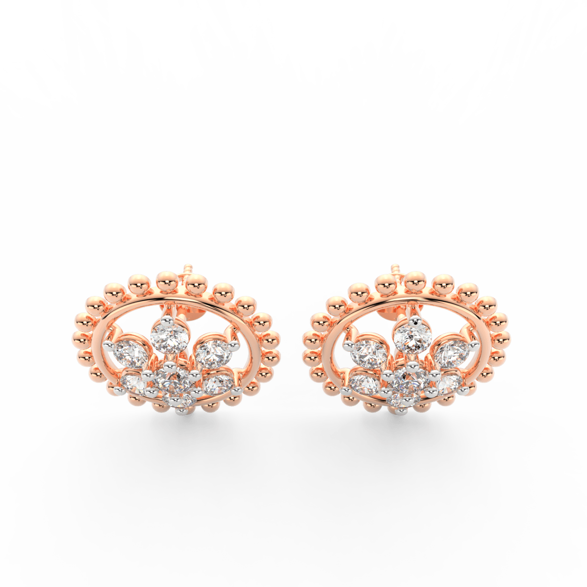Top view of rose gold floral earrings highlighting round lab grown diamonds arranged like petals.
