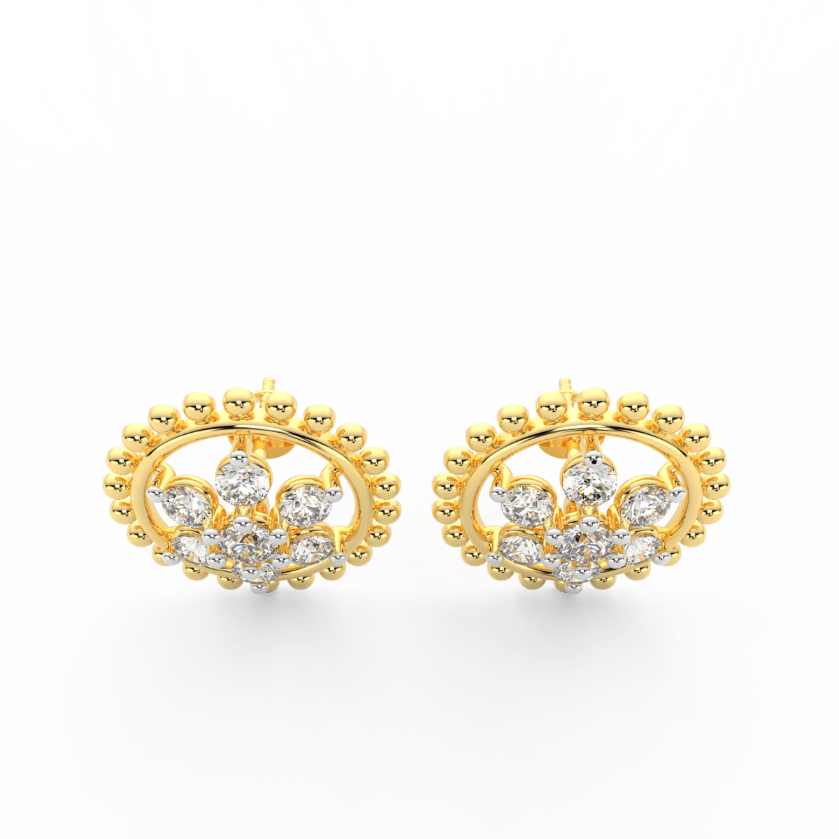 Top view of yellow gold bloom earrings highlighting round lab grown diamonds in elegant floral arrangement.
