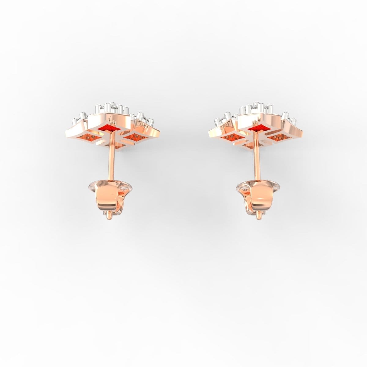 Top view showing circular rose gold earrings with centrally placed lab grown diamonds for a polished everyday look.

