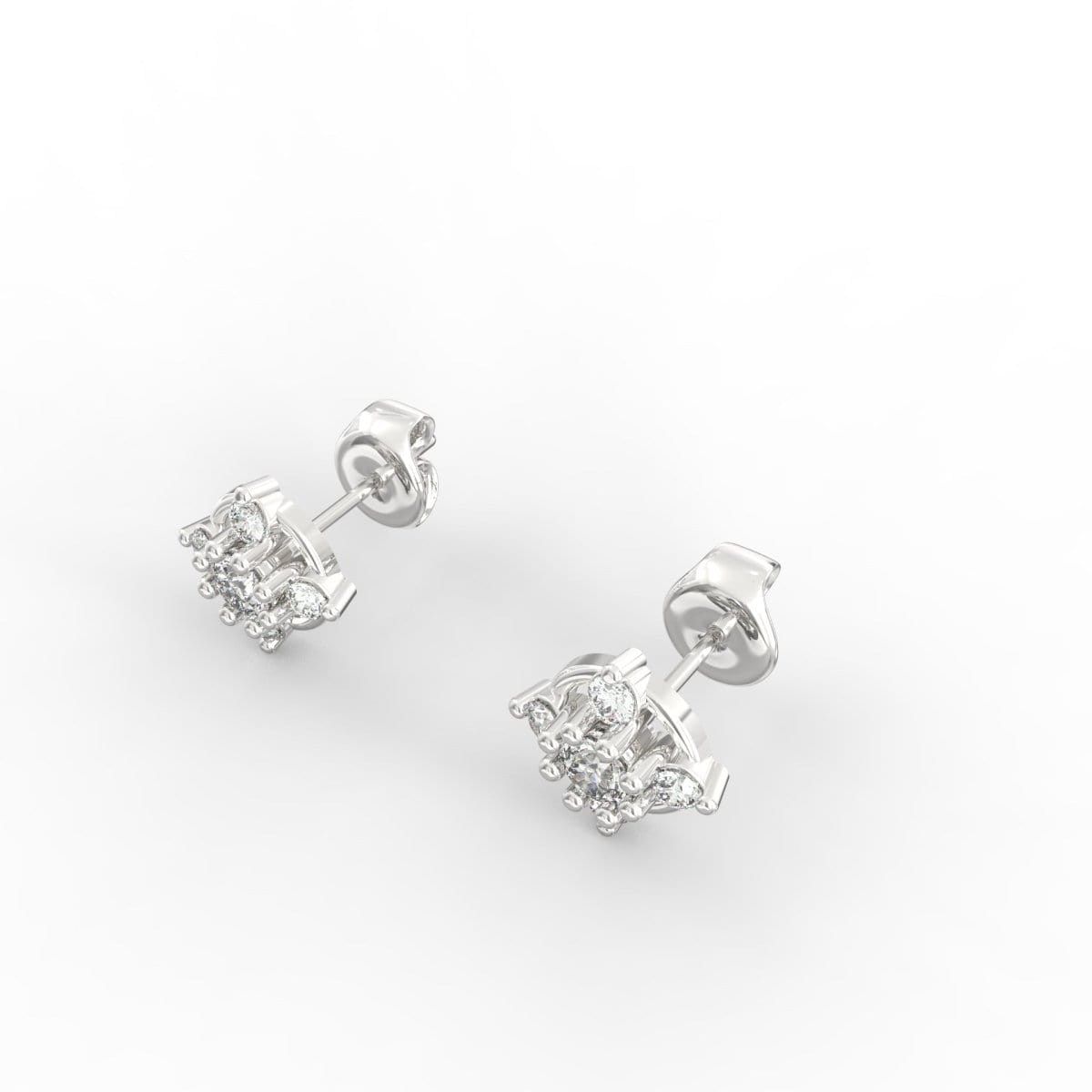 Angled view showing elegant white gold stud earrings with a polished setting and central lab grown diamond.

