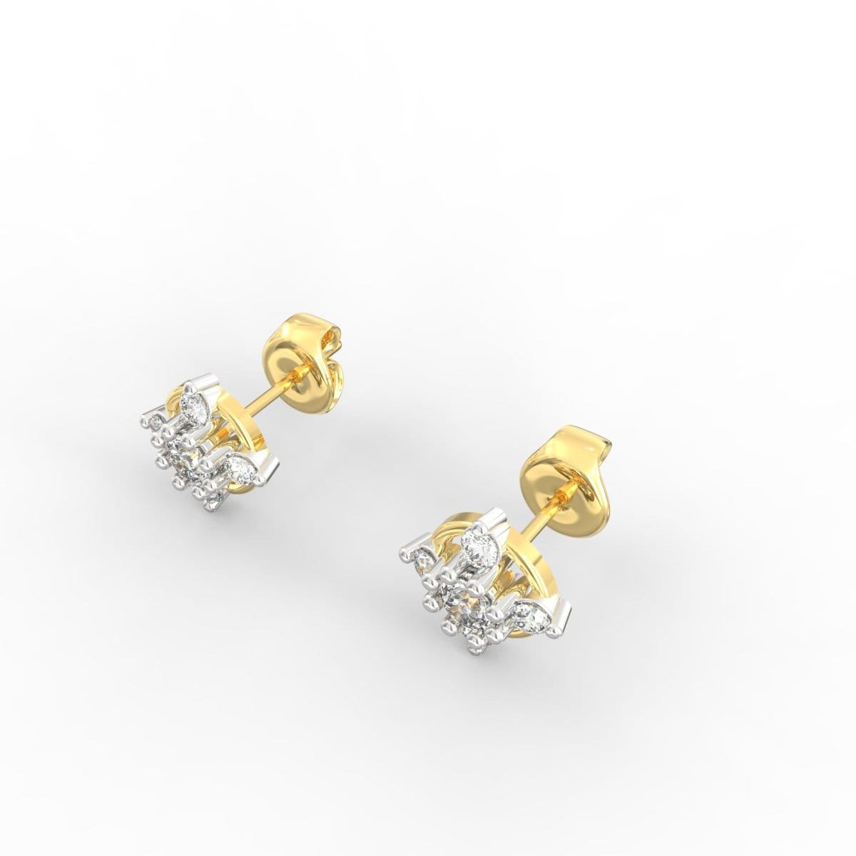 Angled shot of yellow gold earrings showcasing brilliant lab grown diamonds and sleek polished setting.
