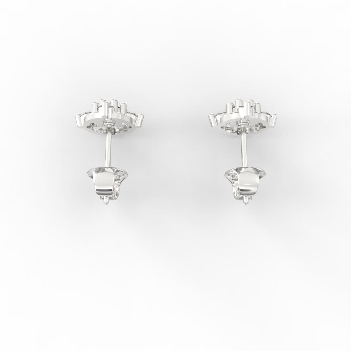 Top view of dainty white gold earrings with minimal bezel setting and radiant SGL-certified diamond center.
